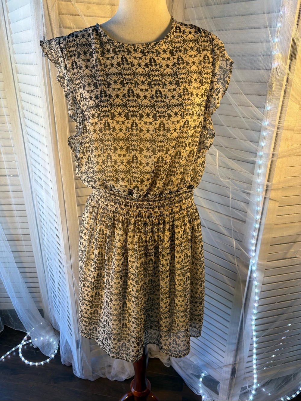 Black and White Printed Midi Dress with Shirred Waist